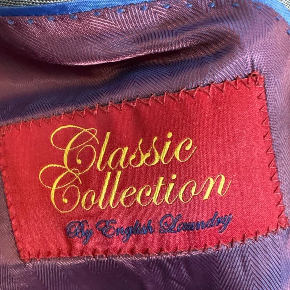 English Laundry Super 100’s Wool Blazer Gray Check 44R Two Button Classic Lined‎